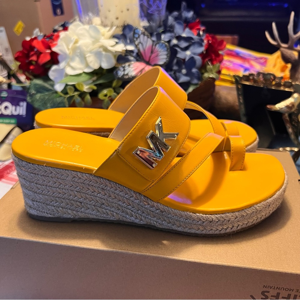 Michael Kors LeatherYellow Wedge Sandals, Gold MK emblem, size 7, excellent